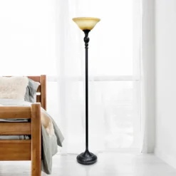 Kirkland's Home Floor Lamps-Matte Black And Amber Glass Torchiere