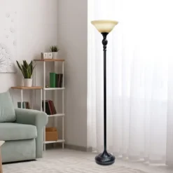 Kirkland's Home Floor Lamps-Matte Black And Amber Glass Torchiere