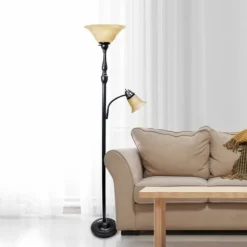 Kirkland's Home Floor Lamps-Matte Bronze And Amber Reading Arm Torchiere