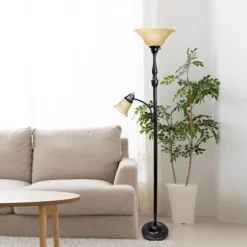 Kirkland's Home Floor Lamps-Matte Bronze And Amber Reading Arm Torchiere