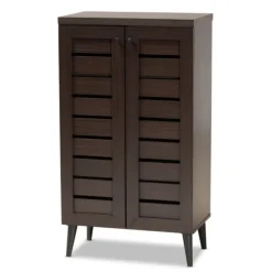 Kirkland's Home Entryway Furniture-Mocha Tall Slatted Shoe Storage Cabinet