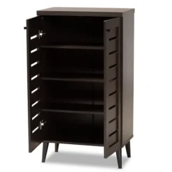 Kirkland's Home Entryway Furniture-Mocha Tall Slatted Shoe Storage Cabinet