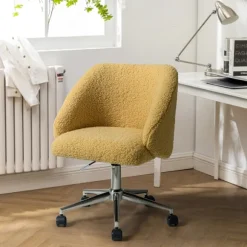 Kirkland's Home Office Furniture-Mustard Sherpa Upholstered Swivel Office Chair