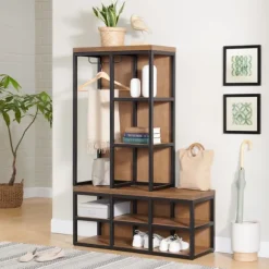 Kirkland's Home Entryway Furniture-Natural Acacia Wood And Metal Hall Tree With Bench