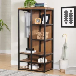Kirkland's Home Entryway Furniture-Natural Acacia Wood And Metal 5-Shelf Hall Tree