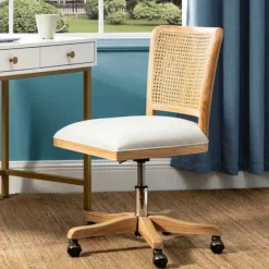 Kirkland's Home Office Furniture-Natural Cane Back Linen Office Chair