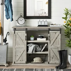 Kirkland's Home Entryway Furniture-Natural Farmhouse Sliding Door Cabinet