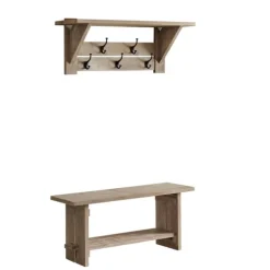 Kirkland's Home Entryway Furniture-Natural Mango Wood 2-Pc. Wall Hook And Bench Set