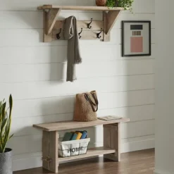 Kirkland's Home Entryway Furniture-Natural Mango Wood 2-Pc. Wall Hook And Bench Set