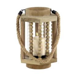 Kirkland's Home Lanterns-Natural Wood Beaded & Rope Handle Lantern