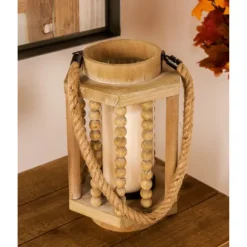 Kirkland's Home Lanterns-Natural Wood Beaded & Rope Handle Lantern