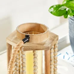 Kirkland's Home Lanterns-Natural Wood Beaded & Rope Handle Lantern
