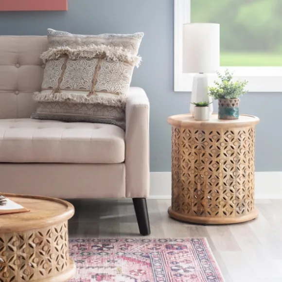 Kirkland's Home Accent & End Tables-Natural Wood Carved Diamonds Accent Table