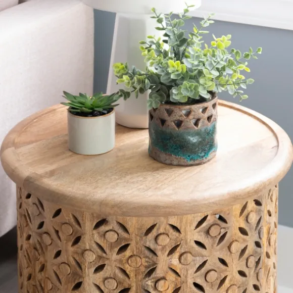 Kirkland's Home Accent & End Tables-Natural Wood Carved Diamonds Accent Table