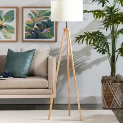 Kirkland's Home Floor Lamps-Natural Wood Modern Tripod Floor Lamp
