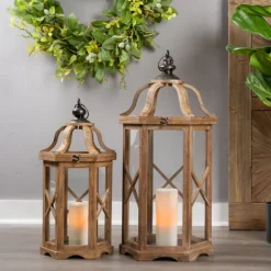 Kirkland's Home Lanterns-Natural Wood X-Frame Lanterns, Set Of 2