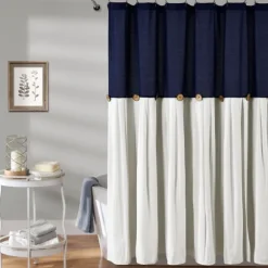 Kirkland's Home Shower Curtains-Navy And White Button Accent Linen Shower Curtain