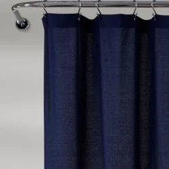 Kirkland's Home Shower Curtains-Navy And White Button Accent Linen Shower Curtain