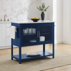 Kirkland's Home Kitchen Islands & Bar Carts-Navy And White Marble Top Kitchen Island