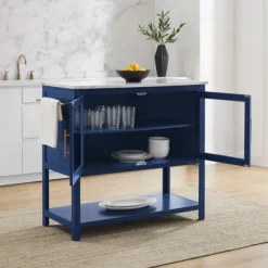 Kirkland's Home Kitchen Islands & Bar Carts-Navy And White Marble Top Kitchen Island