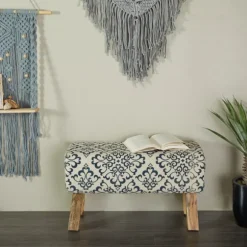 Kirkland's Home Benches & Ottomans-Navy And White Upholstered Scroll Bench