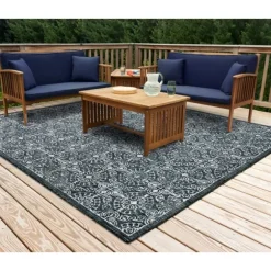 Kirkland's Home Outdoor Rugs-Navy Embellished Indoor/Outdoor Area Rug, 7X7