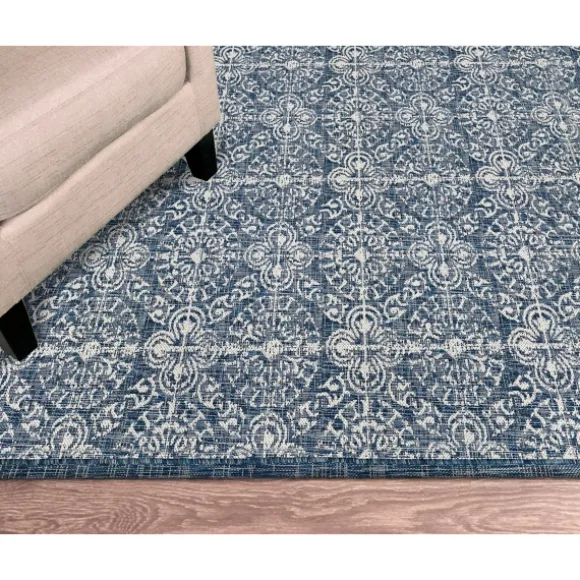 Kirkland's Home Outdoor Rugs-Navy Embellished Scroll Indoor/Outdoor Rug, 4X7