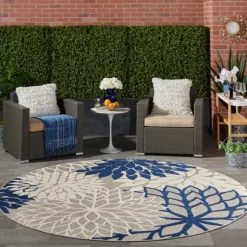 Kirkland's Home Outdoor Rugs-Navy Floral Burst Round Outdoor Area Rug, 7X7