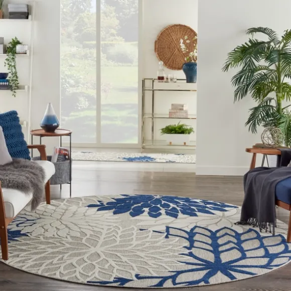 Kirkland's Home Outdoor Rugs-Navy Floral Burst Round Outdoor Area Rug, 7X7