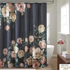 Kirkland's Home Shower Curtains-Navy Floral Cotton Shower Curtain