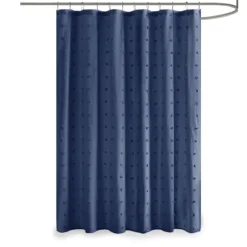 Kirkland's Home Shower Curtains-Navy Jacquard Pom Pom Cotton Shower Curtain