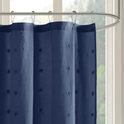 Kirkland's Home Shower Curtains-Navy Jacquard Pom Pom Cotton Shower Curtain