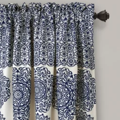 Kirkland's Home Curtains & Drapes-Navy Medallion Stripe Curtain Panel Set, 95 In.
