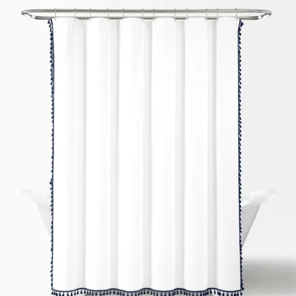 Kirkland's Home Shower Curtains-Navy Melora Tasseled Border Shower Curtain