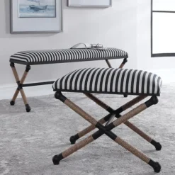 Kirkland's Home Benches & Ottomans-Navy Striped Seat And Black Metal Ottoman