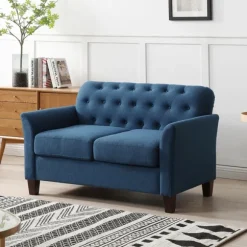 Kirkland's Home Sofas & Loveseats-Navy Upholstered Button Tufted Loveseat