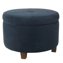 Kirkland's Home Benches & Ottomans-Navy Velvet Upholstered Round Storage Ottoman