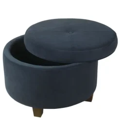 Kirkland's Home Benches & Ottomans-Navy Velvet Upholstered Round Storage Ottoman