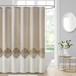 Kirkland's Home Shower Curtains-Neutral Block Embroidered Shower Curtain