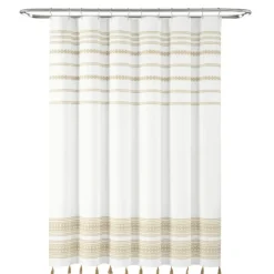 Kirkland's Home Shower Curtains-Neutral Striped And Tasseled Shower Curtain