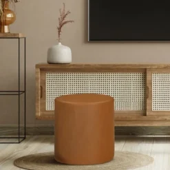 Kirkland's Home Benches & Ottomans-Newton Carmel Faux Leather Cylinder Ottoman