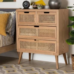 Kirkland's Home Dressers & Chests-Oak And Rattan 4-Drawer Chest