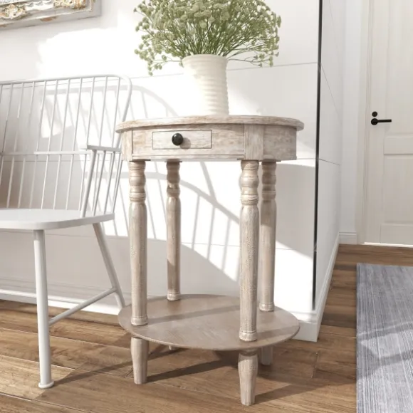 Kirkland's Home Accent & End Tables-Oval Washed Pine Wood Side Table