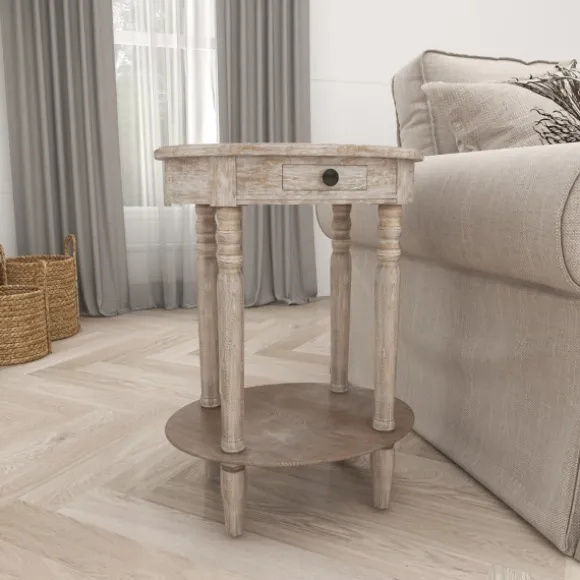 Kirkland's Home Accent & End Tables-Oval Washed Pine Wood Side Table