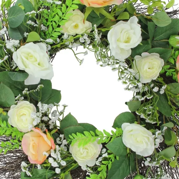 Kirkland's Home Wreaths-Peachy Roses And Baby'S Breath Wreath