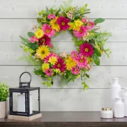 Kirkland's Home Wreaths-Pink And Yellow Chrysanthemum And Daisy Wreath