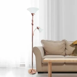 Kirkland's Home Floor Lamps-Polished Rose Gold And White Reading Arm Torchiere