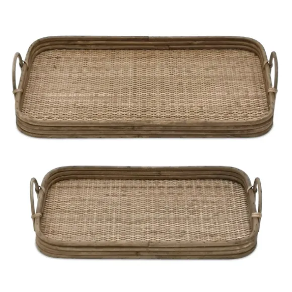 Kirkland's Home Decorative Trays-Rattan And Wood Decorative Trays, Set Of 2
