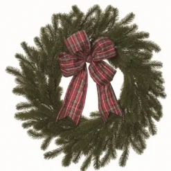 Kirkland's Home Wreaths-Red Plaid Ribbon Evergreen Christmas Wreath