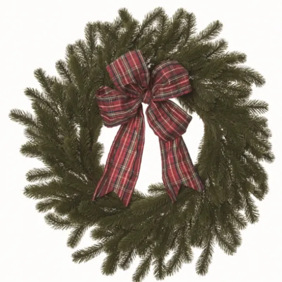 Kirkland's Home Wreaths-Red Plaid Ribbon Evergreen Christmas Wreath